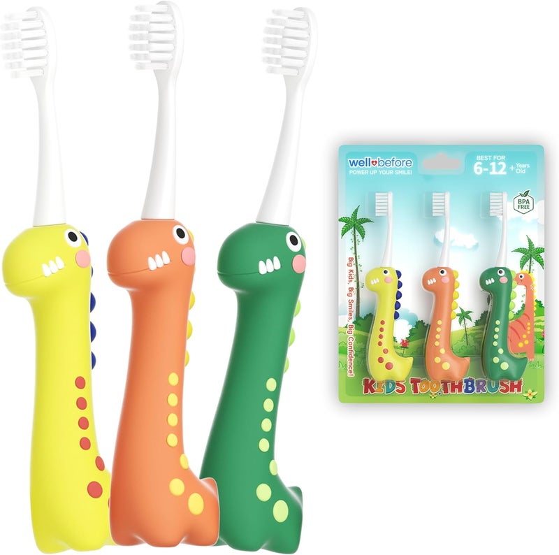 Well Before Dinosaur Kids Toothbrush, 0.12mm Soft Filament Toddler Toothbrush for Kids 6-12 Make Brushing Fun and Protect Kids Delicate Teeth (Pack of 3) - Image 1